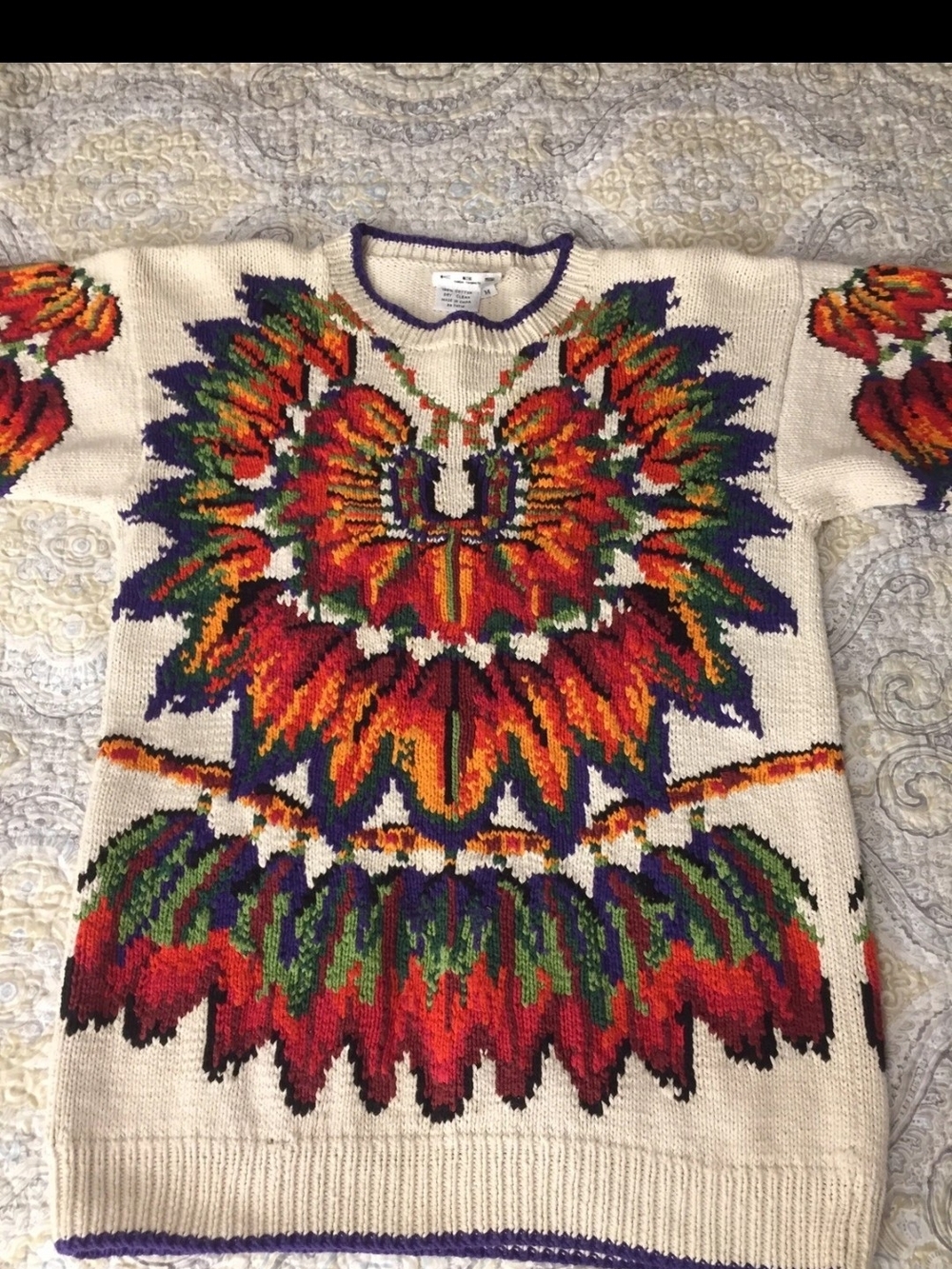 Cream Crewneck Sweater with Multicolor Feather Design
